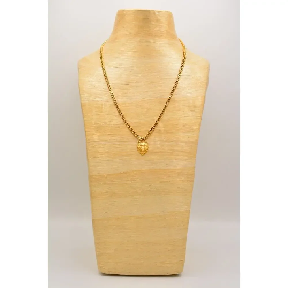 Kalifornia Lion Pendant Necklace Gold Tone Cuban Chain Signed Unisex 9J